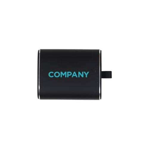 A black charging case with a logo, designed for storing and charging true wireless earbuds.