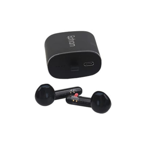 A pair of black Slide Metal True Wireless Earbuds next to their charging case, featuring a logo.
