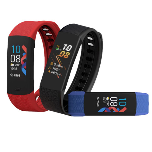 A multifunctional smart band in red, black, and blue, featuring a digital display and a textured band design.
