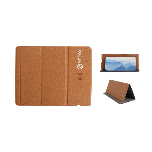A foldable cork wireless charger in a natural cork colour, featuring a logo and a functional stand design.