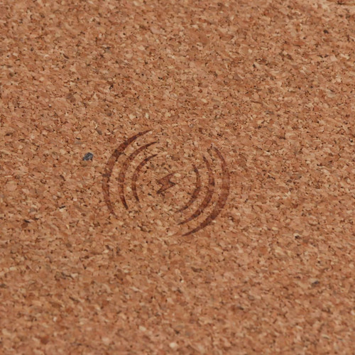 A square cork wireless charger with a subtle design on the surface, showcasing a natural cork finish.