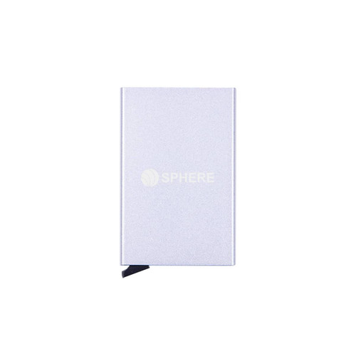 A silver metal RFID card holder with a logo, featuring a sleek, minimalist design and a black accent.