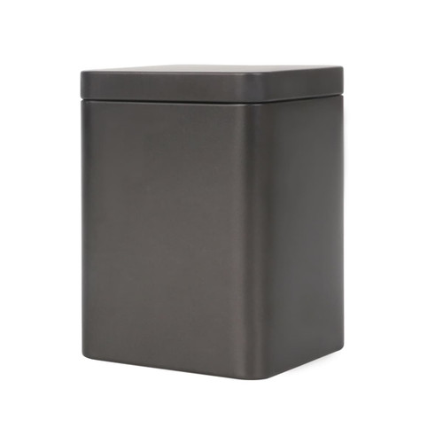 A square tin box in matte black, measuring 80 x 80 x 110mm, ideal for various storage needs.