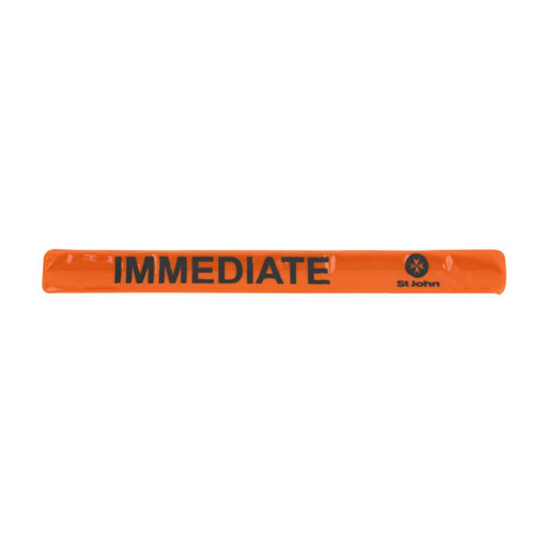 An orange reflective slap band with a logo, designed as a clothing accessory.