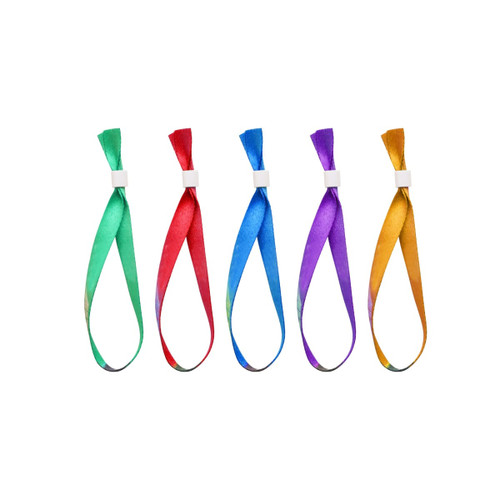 A collection of five RPET fabric wristbands in green, red, purple, and gold, featuring plastic fasteners.