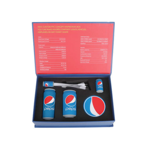 A drink bottle, phone charger, and coaster in a blue gift box, featuring Pepsi branding.