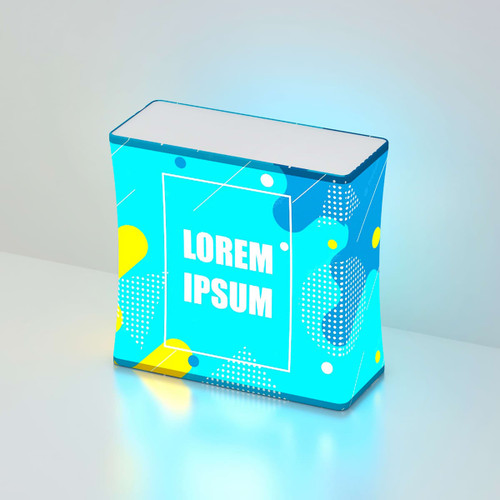 A backlit LED display with a rectangular shape, featuring a vibrant blue and yellow design.