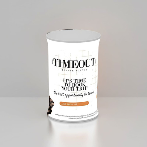 A backlit LED display featuring an oval shape, predominantly white with black accents and a logo.