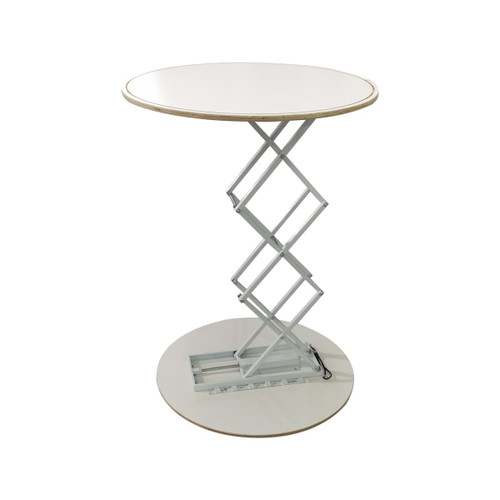 A round, backlit LED display featuring a white top and a silver scissor-like base. It includes a logo.