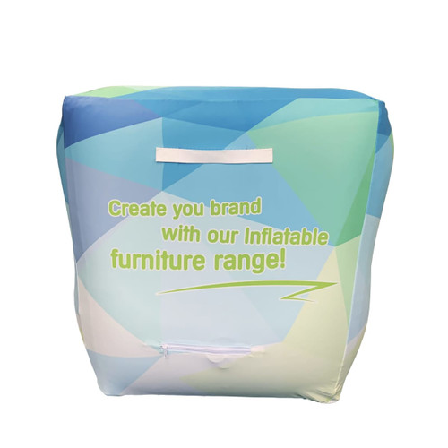 An inflatable one-seat sofa in shades of blue and green with a logo or branding on it.