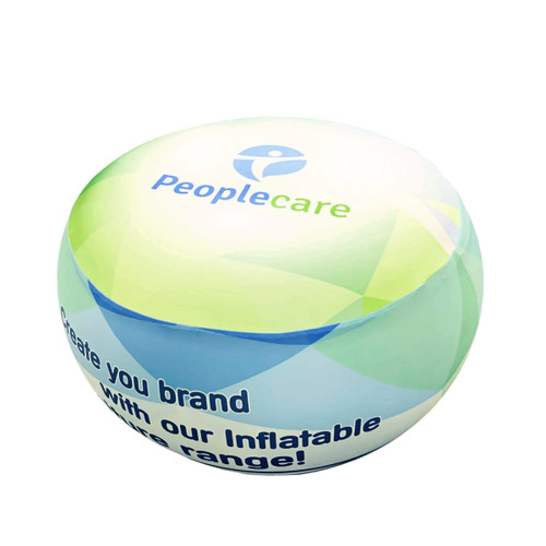 An inflatable ottoman in blue and green, featuring a logo and text on its surface.