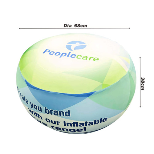 An inflatable ottoman in shades of green and blue with a logo, measuring 68 cm in diameter and 38 cm in height.