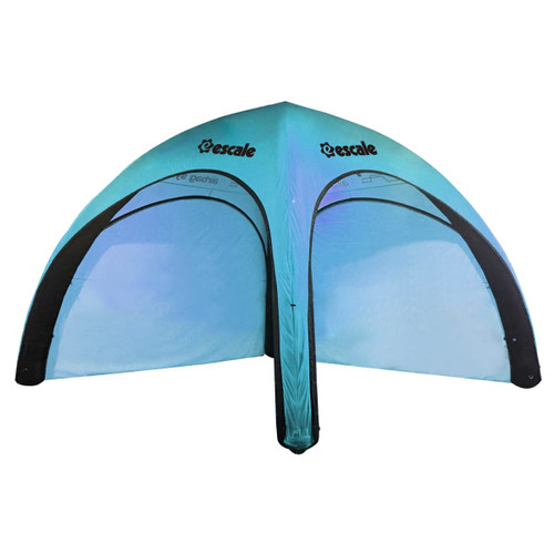 An inflatable marquee in blue and black, featuring a rounded design with transparent panels and a logo on top.