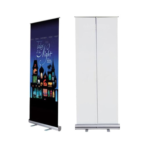 A pull-up banner featuring a dark background with colourful buildings and a logo, in a vertical format.