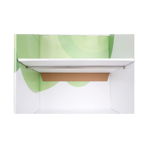 A cardboard floor display with a white and green design featuring a shelf and smooth interior surfaces.