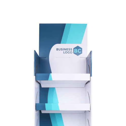 A premium cardboard floor display in blue and white with a branded logo and three shelves for product placement.