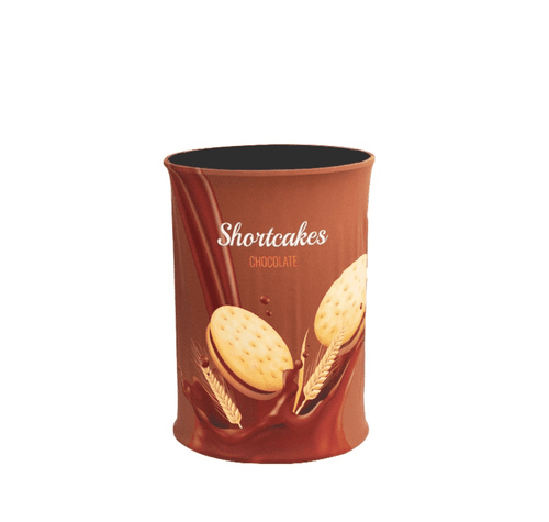 A cylindrical packaging container in brown featuring chocolate shortcake cookies with a logo.