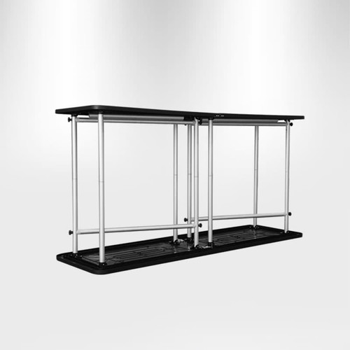 A black folding fabric display counter with steel supports, suitable for events and exhibitions.