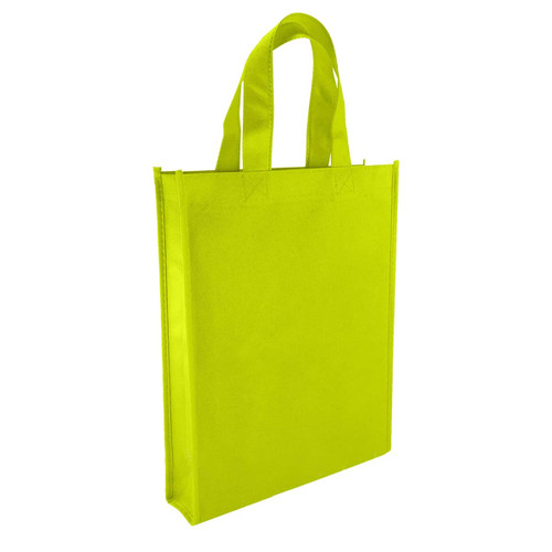 A bright lime green non-woven trade show bag with sturdy handles and a simple design. It features a logo.