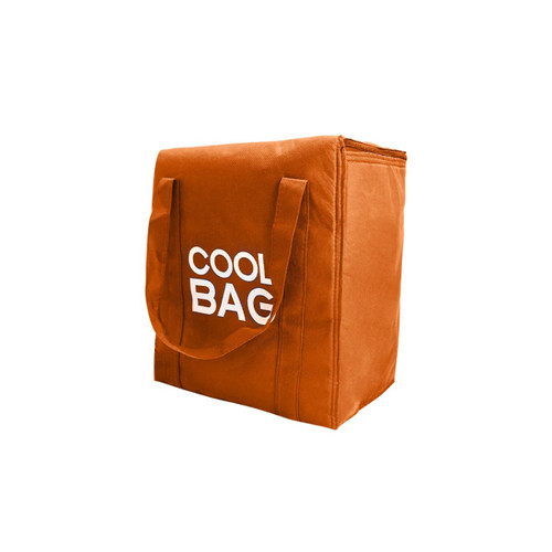 A drink bottle rests inside an orange 90 gsm non-woven cooler bag with sturdy handles and a brand logo.