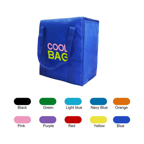 A blue non-woven cooler bag with two handles, featuring various colour options below. It has a logo.