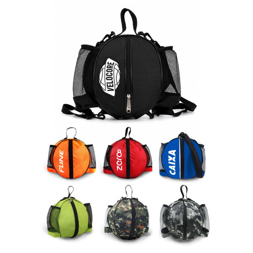 A round black backpack with mesh pockets and various coloured versions including orange, blue, green, and camouflage.