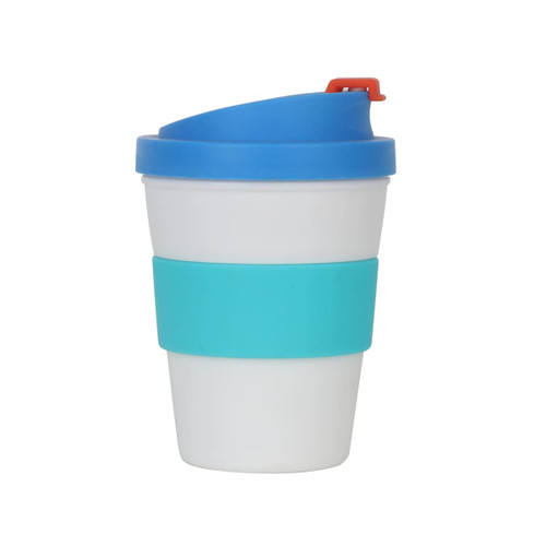 A glossy 250ml coffee cup featuring a white body, turquoise silicone band, and blue lid with an orange clip.