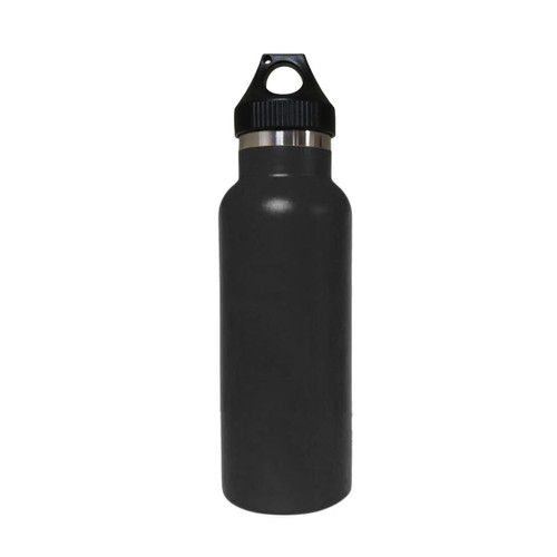 A drink bottle in matte black with a double wall vacuum design and a black polypropylene lid.