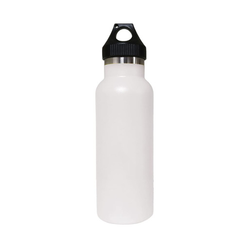 A drink bottle featuring a white body, double wall vacuum insulation, and a black PP lid, with a logo.