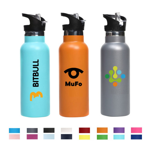 A drink bottle set featuring three designs: a light blue, orange, and grey bottle with various logos.