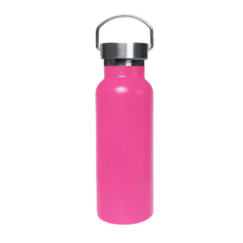 A drink bottle in vibrant pink with a stainless steel lid and a handle. Features a logo on the body.