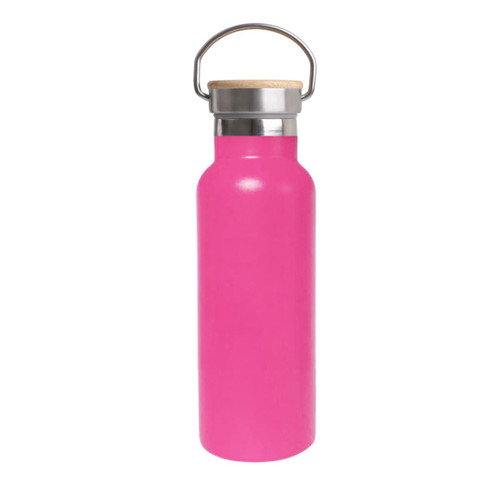 A drink bottle in bright pink with a bamboo lid and metal handle, featuring a logo on the side.