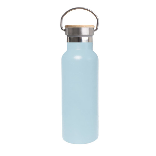 A drink bottle in light blue with a bamboo lid and stainless steel accents, featuring a carrying handle.