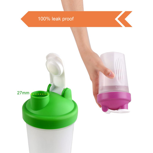 A drink bottle with a green and purple lid, featuring a leak-proof design and a hand holding it for demonstration.
