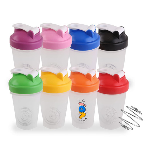 A drink bottle collection featuring BPA-free fitness shaker bottles in pink, blue, black, purple, green, yellow, and orange with branding.