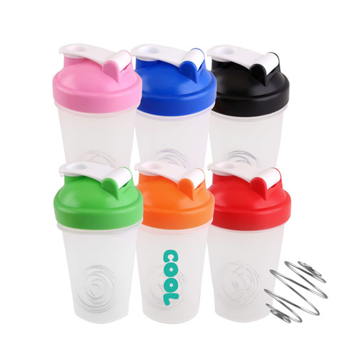 A drink bottle set featuring six BPA free fitness shaker bottles in pink, blue, black, green, orange, and red, with a metal whisk.