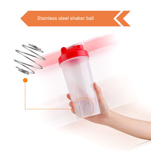 A drink bottle with a transparent body and red lid, featuring a stainless steel shaker ball inside.