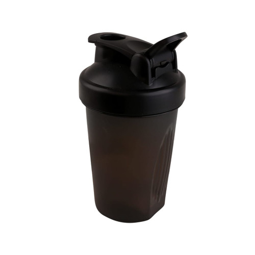 A drink bottle in a dark grey-black colour, featuring a flip-top lid and a logo. Capacity of 400ml.