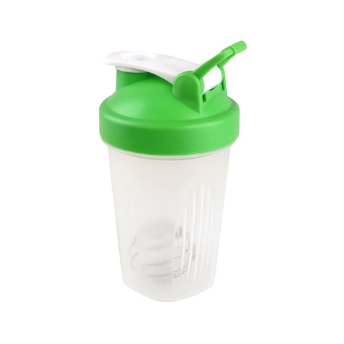 A drink bottle with a clear body and green lid, featuring a loop and a mixing ball inside.