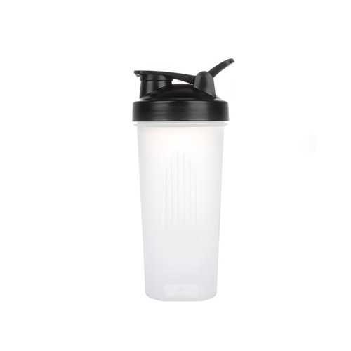 A drink bottle with a clear body and black lid, featuring a loop and a mixer ball for protein shakes.