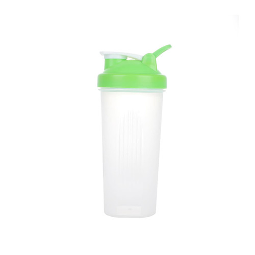 A drink bottle with a transparent body and a green lid and spout, featuring a logo. Holds 600ml and is BPA free.