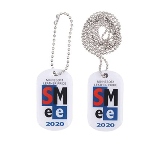Two white dog tags with a design featuring blue, red, and black text, attached to metal ball chains.