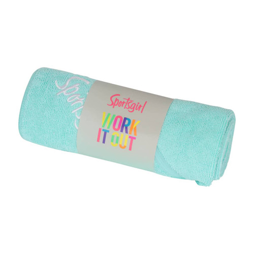 A rolled mint green sport towel with a logo and branding, wrapped in a promotional band.