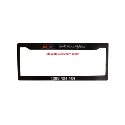 A black plastic licence plate frame with a logo, designed to fit a plate size of 372 x 133 mm.