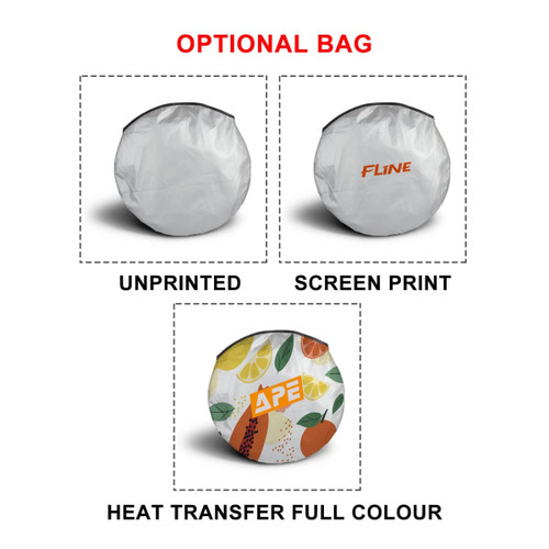 A circular bag featuring a fruit design and two additional plain options. One bag includes printed branding.