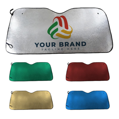 A reflective silver car sunshade with various coloured options: green, red, and gold, featuring a logo.