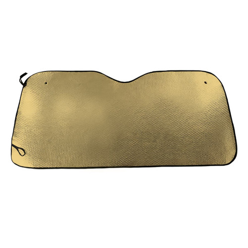 A bubble aluminium car sunshade in gold with a black edge, designed for vehicle protection from the sun.