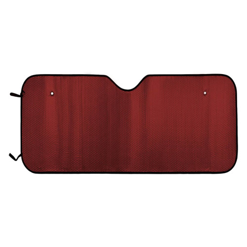 A red bubble aluminum car sunshade with a black border and holes for securing it in place.