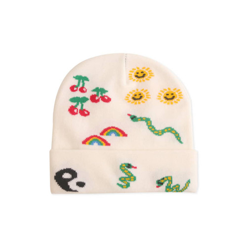 A cream knitted beanie featuring colourful designs, including cherries, suns, rainbows, and snakes, with a logo.