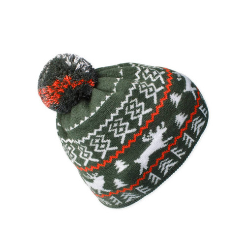 A knitted beanie in green with red and white patterns, featuring a pom-pom on top. It has a logo.